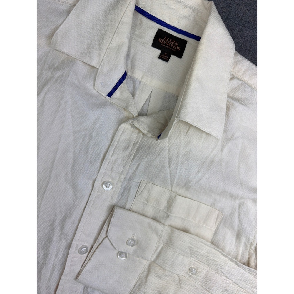 Allen Edmonds Button Up Mens Small Off White Herringbone 100% Cotton‎ Shirt